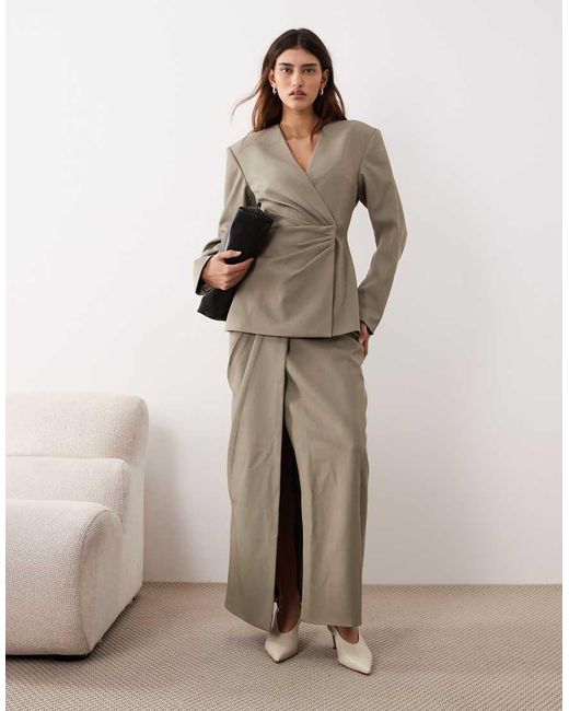 ARRANGE Brown Cinched Collarless Pleated Wrap Blazer