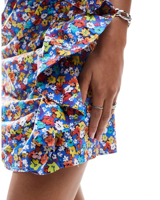 Urban Revivo Multicolor Ditsy Floral Wrap Detail Puff Sleeve Mini Dress