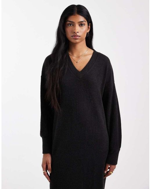 Vero Moda Black Soft Rib Knit V Neck Midi Dress
