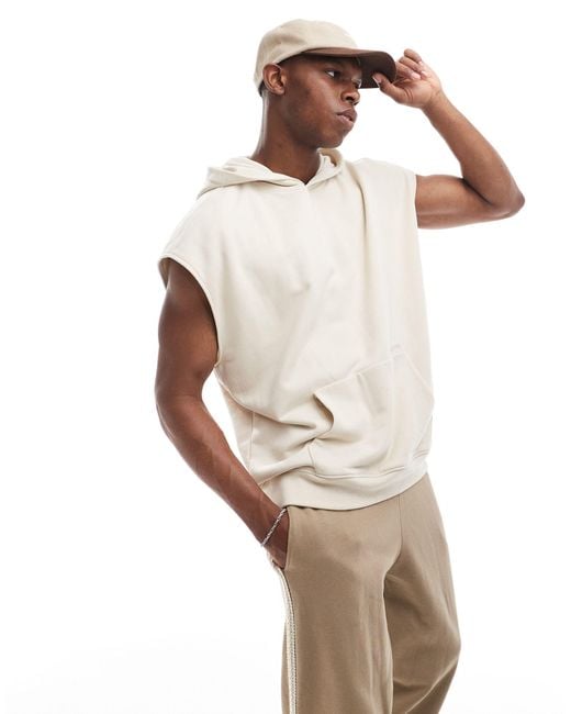 Sudadera extragrande con capucha, mangas recortadas y logo Hollister de hombre de color White