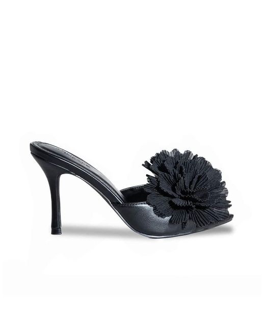 SEQWL Black High Heel Pointed Toe Mules With Maxi Pom-Pom Detail