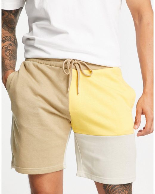 Bershka Yellow Colour Block Shorts Co Ord for men