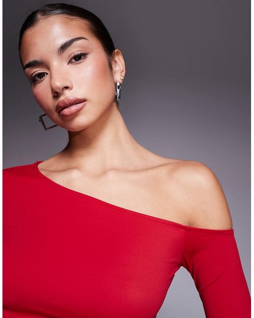 GOOD AMERICAN Red Weightless Sculpted Off Shoulder Long Sleeve Top