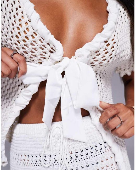 Cardigan A Maniche Corte All'Uncinetto Color Panna di River Island in White