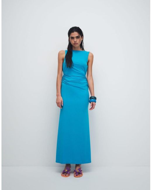 ASOS Blue Slinky Maxi Dress With Drape Knot Back Detail