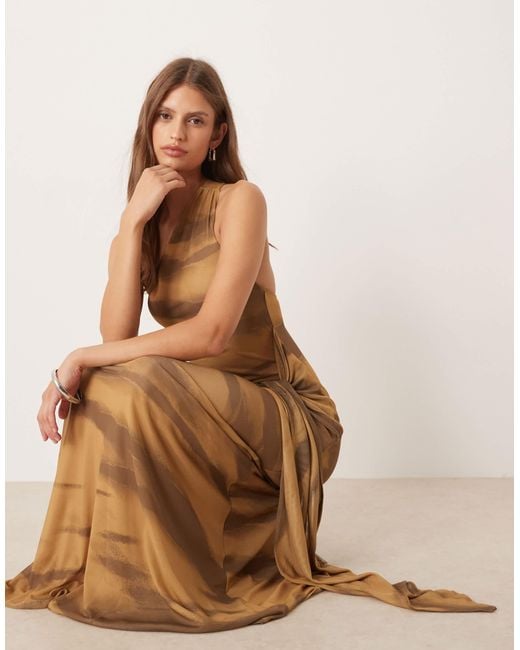 ASOS Brown Printed Mesh With Draped Sash & Belt Maxi Dress