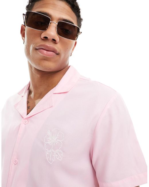 Another Influence Blue Beach Shirt With Hibiscus Embroidery for men