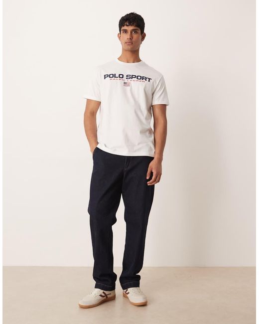 Polo Ralph Lauren White Sport Flag Logo Chest Print T-shirt Classic Fit for men