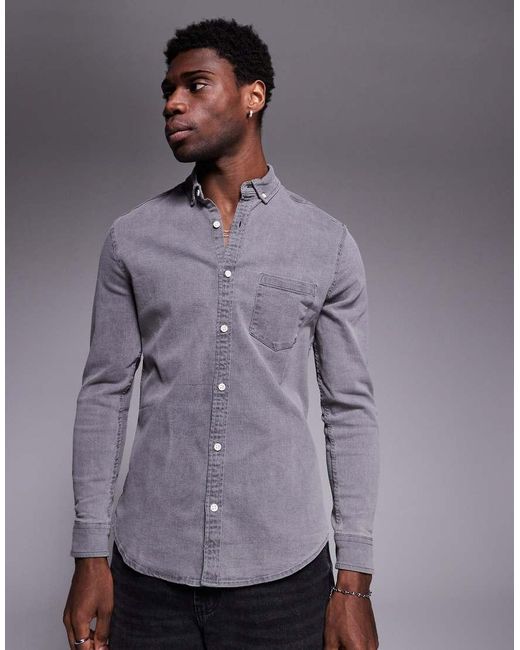 ASOS Gray Stretch Slim Denim Shirt for men