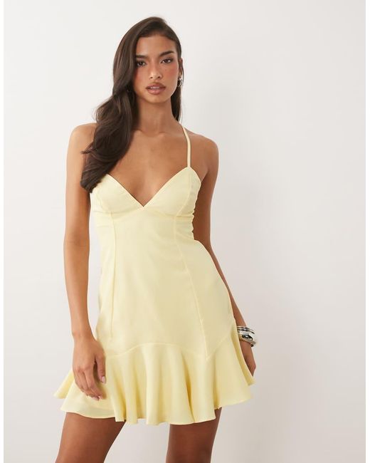 Oh Polly Natural V-Neck Drop Waist Lace Up Mini Dress