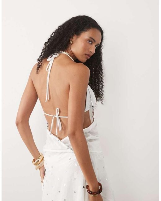 Mango White Marea Embellished Halter Neck Beach Top