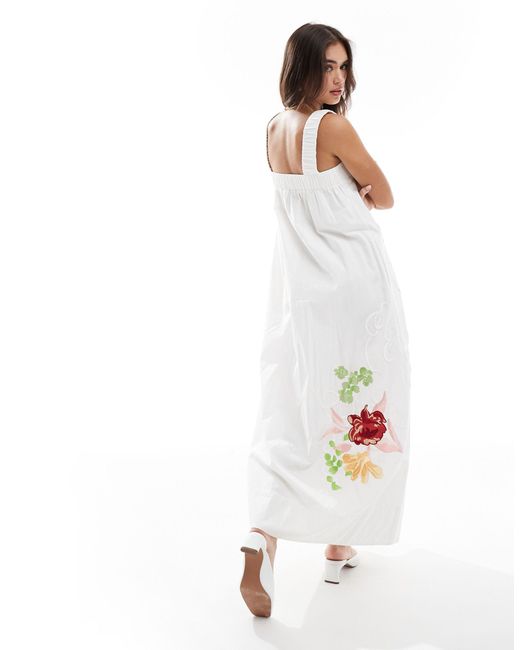 ASOS White Embroidered Floral Square Neck Midi Dress