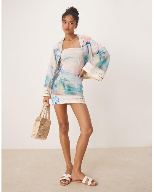 Vestido Corto Con Estampado De Postales Lavado Y Escote Palabra De Honor De Lino De (Parte De Un Conjunto) ASOS de color Multicolor
