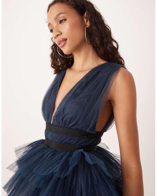 True Decadence Blue Plunging Neck Layered Tulle Maxi Dress