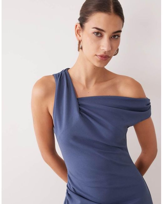 ASOS Blue Crepe Fallen Shoulder Maxi Dress With Ruched Skirt Detail