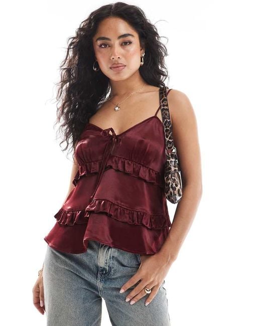 Miss Selfridge Red Satin Ruffle Cami Top