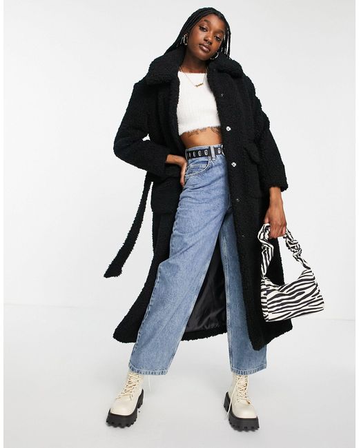 TOPSHOP Belted Maxi Borg Coat in Black 