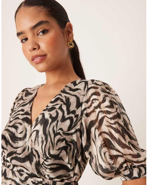 Lovedrobe Natural Animal Print Faux Wrap Puff Sleeve Midaxi Dress