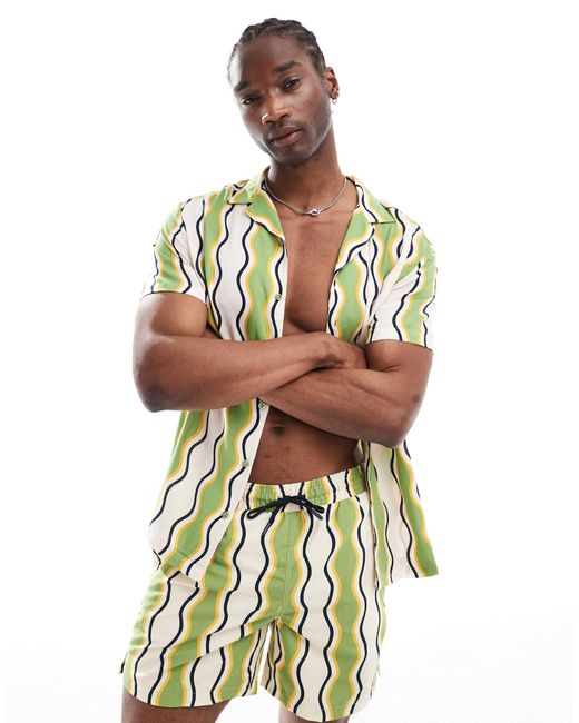 Hunky Trunks Green Wavy Stripe Beach Shirt Co Ord for men