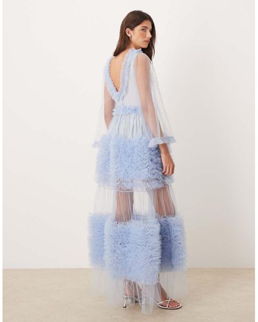 Sister Jane Blue Dream Halo Haze Tulle Bell Sleeve Ruffle Tiered Maxi Dress