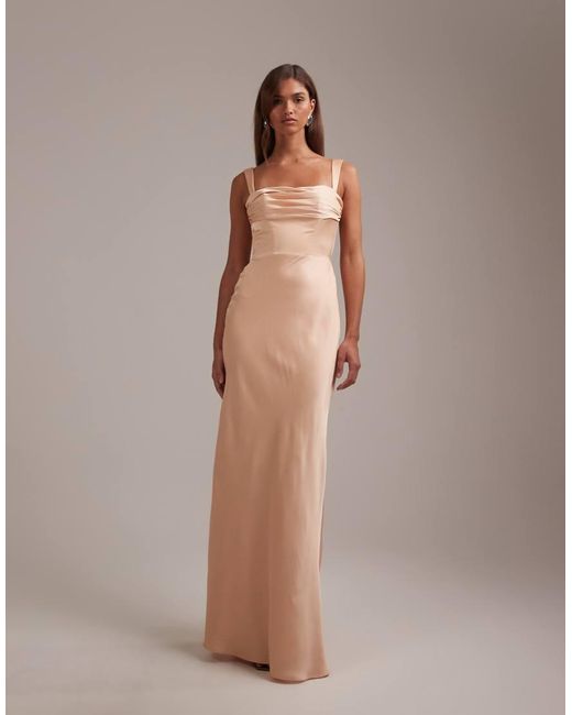 ASOS Brown Bridesmaids Satin Draped Bust Maxi Dress With Column Skirt