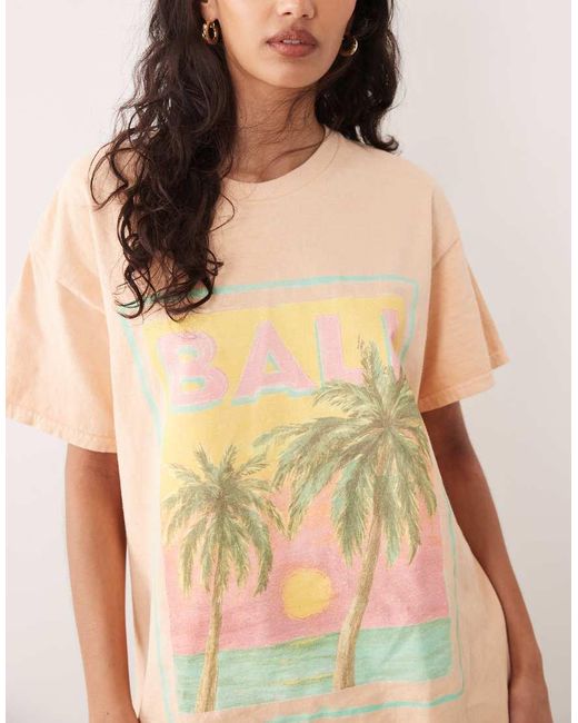 Miss Selfridge Natural Oversized T-shirt With Beach Bali Print