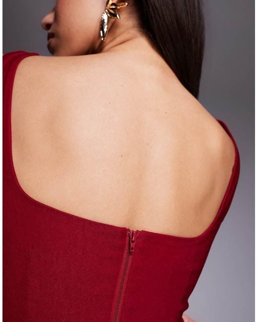 Vesper Red Bengaline Square Neck Bodycon Midi Dress