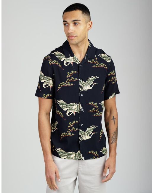 French Connection Blue Bird Print Short Sleeve Revere Collar Shirt for men