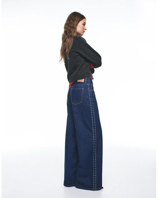 Pull&Bear Blue Studded Wide-leg Jeans