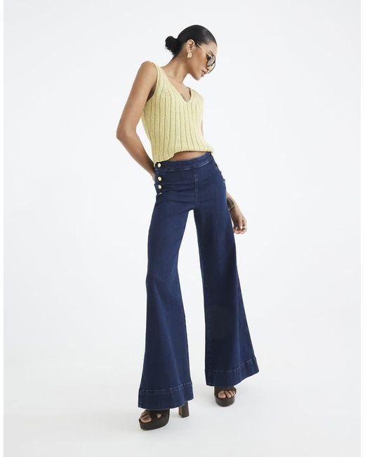 River Island Blue High Rise Palazzo Button Detail Jeans