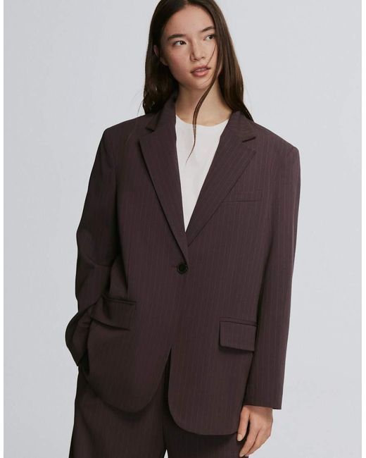 Bershka Brown Striped Double-breasted Blazer