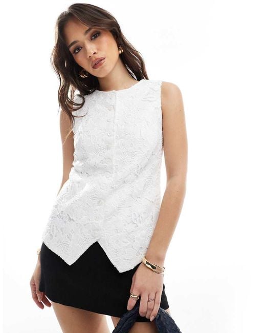 4th & Reckless White Broderie Lace Button Through Waistcoat