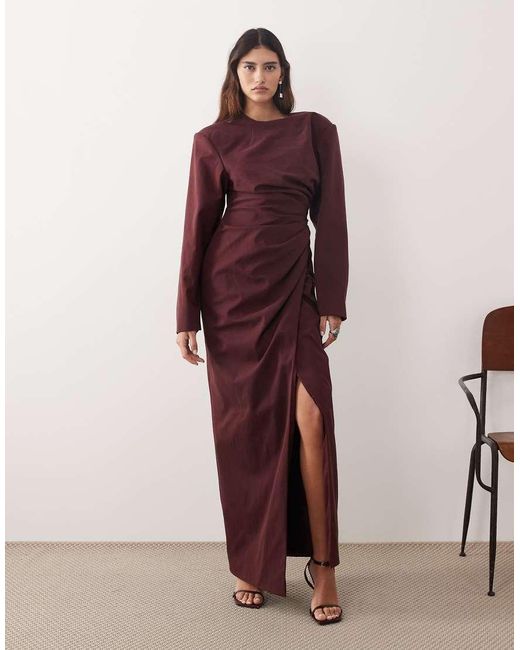 ARRANGE Red High Neck Shoulder Pad Pleated Waist Maxi Dress
