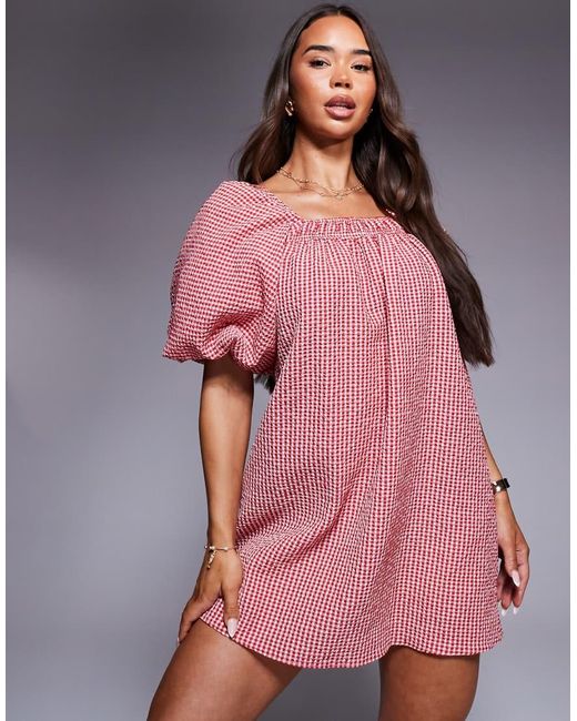 River Island Pink Gingham Puff Sleeve Mini Dress