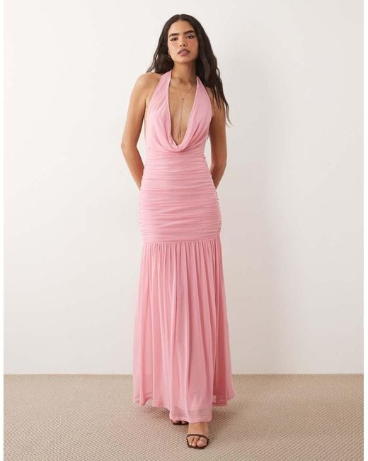 ASOS Pink Plunge Cowl Mesh Maxi Dress With Ruched Drop Waist Detail