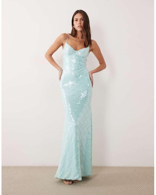 Wanderdoll Blue Rhea Sequin Cami Cup Detail Maxi Dress