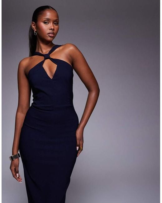 Vesper Blue Bengaline Keyhole Halterneck Maxi Dress