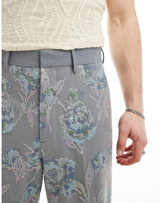 ASOS – elegante hose mit weitem schnitt und en verpixelten blumenpailletten in Blue für Herren