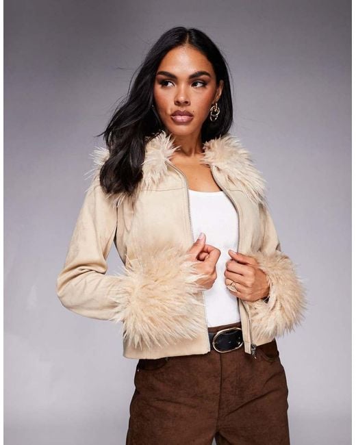 Princess Polly Gray Jeanna Suedette Shaggy Faux Fur Trim Cropped Jacket