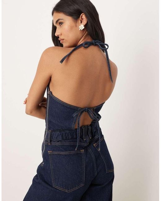 Abercrombie & Fitch Blue Halterneck Barrel Leg Denim Jumpsuit