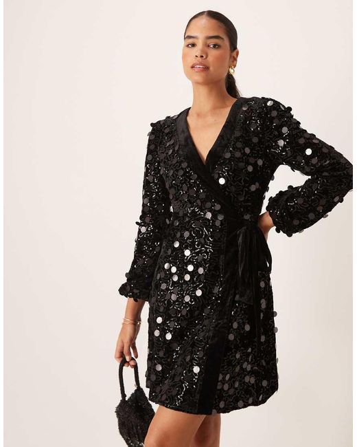 Lovedrobe Natural Velvet Trim Sequin Mini Wrap Dress
