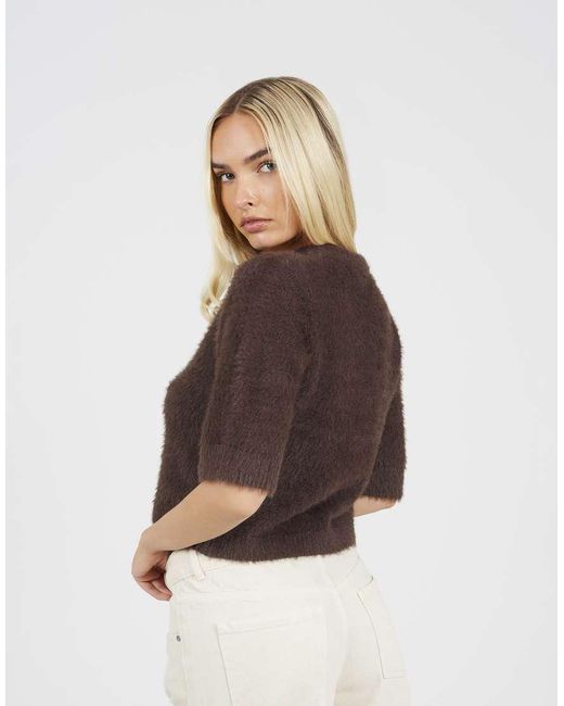 Brave Soul Brown Short Sleeve Fluffy Yarn Cardigan