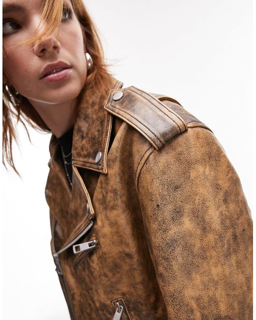TOPSHOP Brown Real Leather Washed Crop Biker Jacket