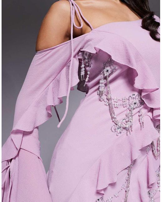 ASOS Purple Raw Edge Ruffle Embellished Maxi Dress With Asymmetric Sleeves