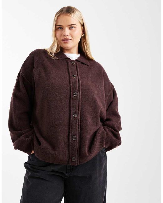 ASOS Brown Asos Design Curve Knitted Collar Shirt Cardigan With Seam Detail