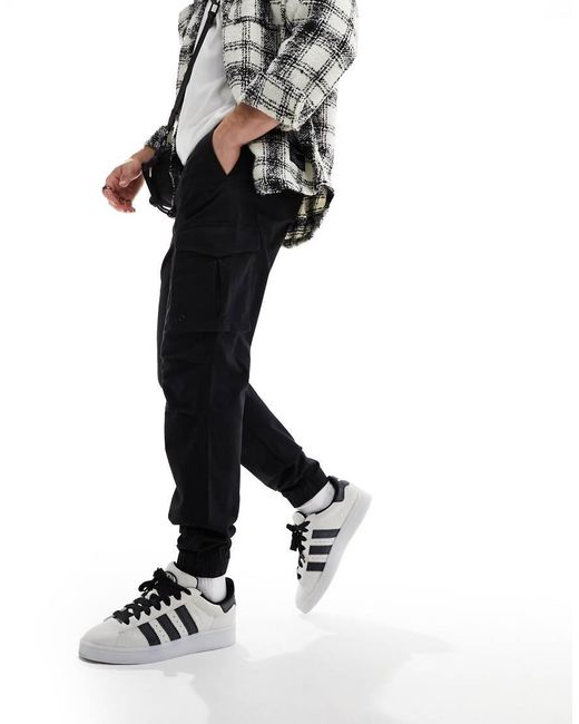 Jack & Jones Black Tapered Cuffed Cargo Trousers for men