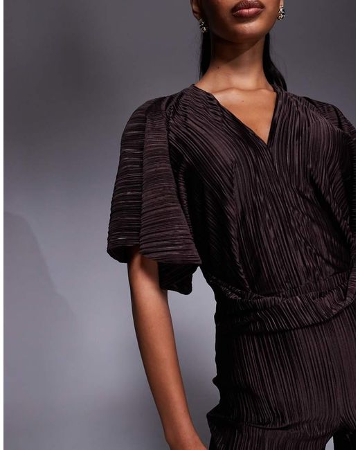 ASOS Natural Plisse Plunge Short Sleeve Wrap Waist Jumpsuit