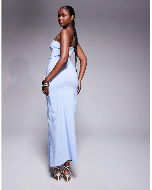 Vesper Blue Bengaline Bandeau Thigh Split Maxi Dress