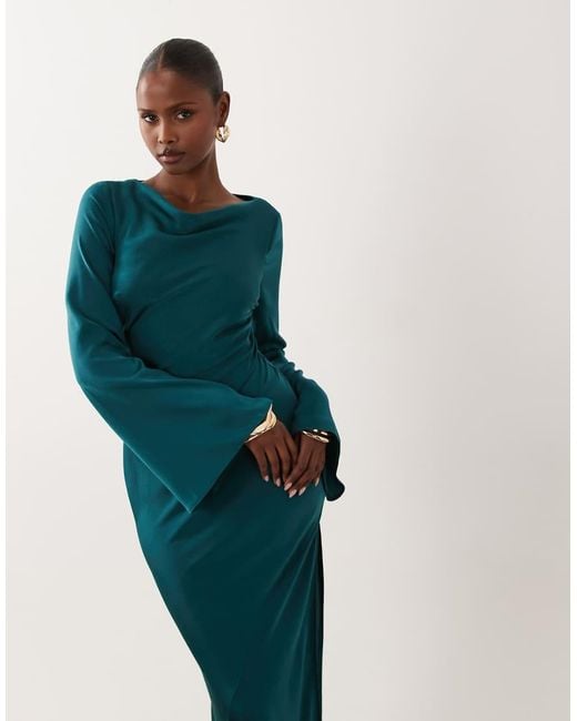 ASOS Blue Satin Maxi Dress With Fluted Sleeves