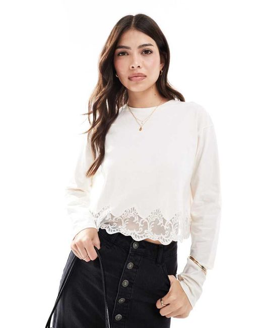 Miss Selfridge White Long Sleeve Lace Hem Detail Top